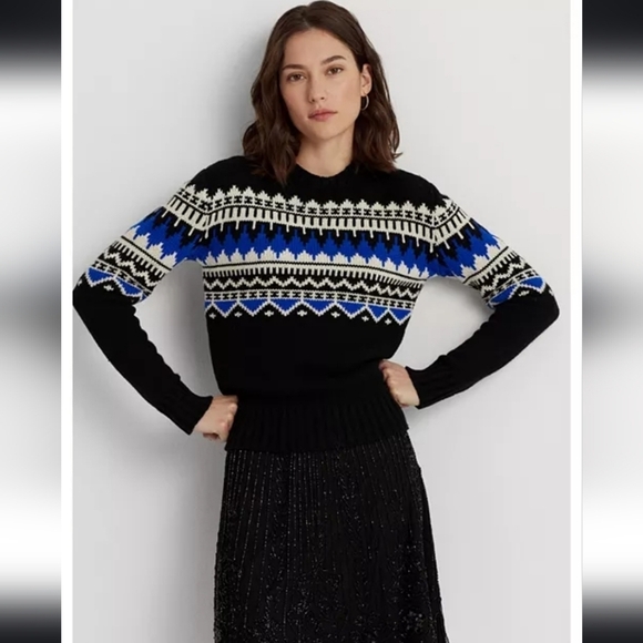 NWT LAUREN Ralph Lauren Fair Isle Sweater Wool Blend in Black Blue Cream Size XS - Picture 1 of 13